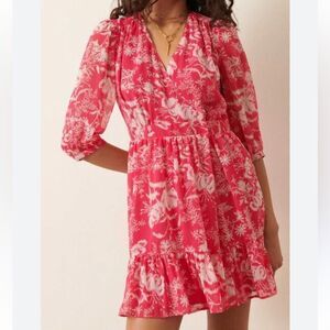 Ba&sh Ulia Dress Size 2 Pink Floral Toile Summer Short V Neck Luxury